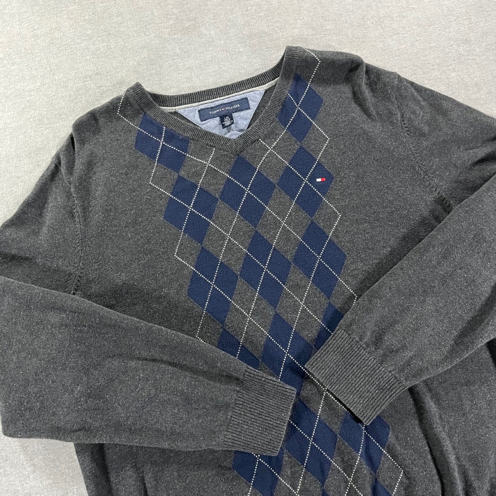 Tommy Hilfiger Mens Large Grey Blue Argyle V-Neck 100% Cotton Knit Sweater